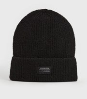 New Look Black Ribbed Knit Tab Front Beanie